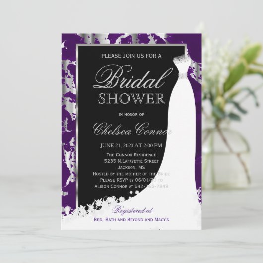 Silver Marble, Black en Paarse bruidsuitnodiging Kaart (Staand voorkant)