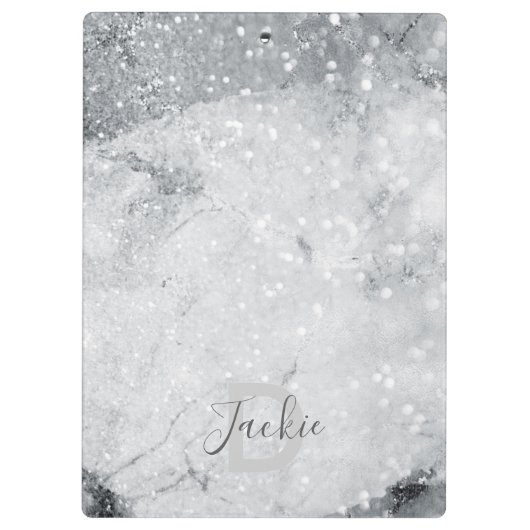 Silver Marble en Glitter Sparkle Monogrammed Klembord (Achterkant)