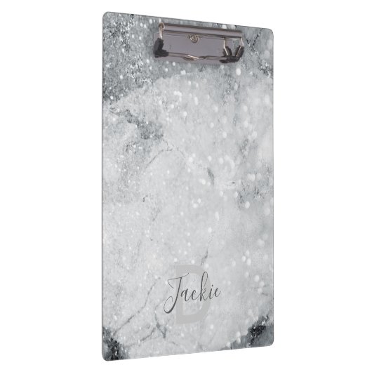 Silver Marble en Glitter Sparkle Monogrammed Klembord (Rechts)