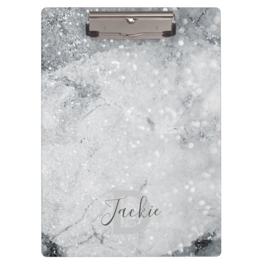 Silver Marble en Glitter Sparkle Monogrammed Klembord (Voorkant)
