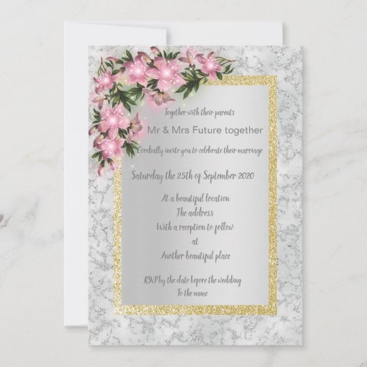 Silver marble floral bruiloft met roze bloemgoud kaart (Voorkant)