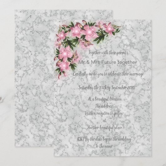Silver marble floral bruiloft met roze floral kaart (Voorkant / Achterkant)