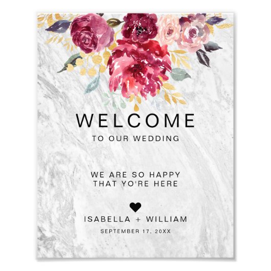 Silver Marble Floral Gold Burgundy Weddenschap Foto Afdruk (Voorkant)