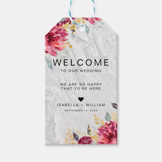 Silver Marble Floral Gold Burgundy Wedding Cadeaulabel (Voorkant)