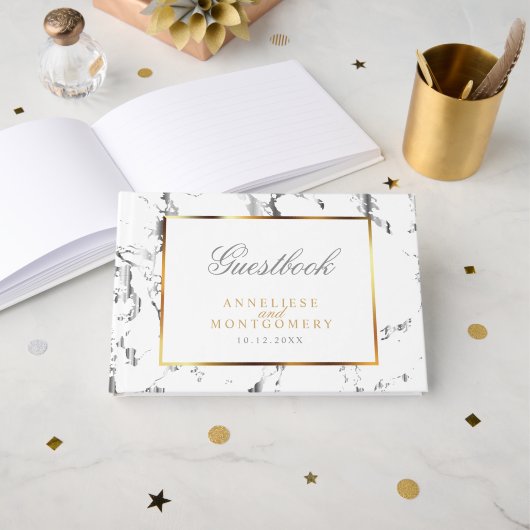Silver Marble, Gold en White Design Gastenboek (Voorkant open)