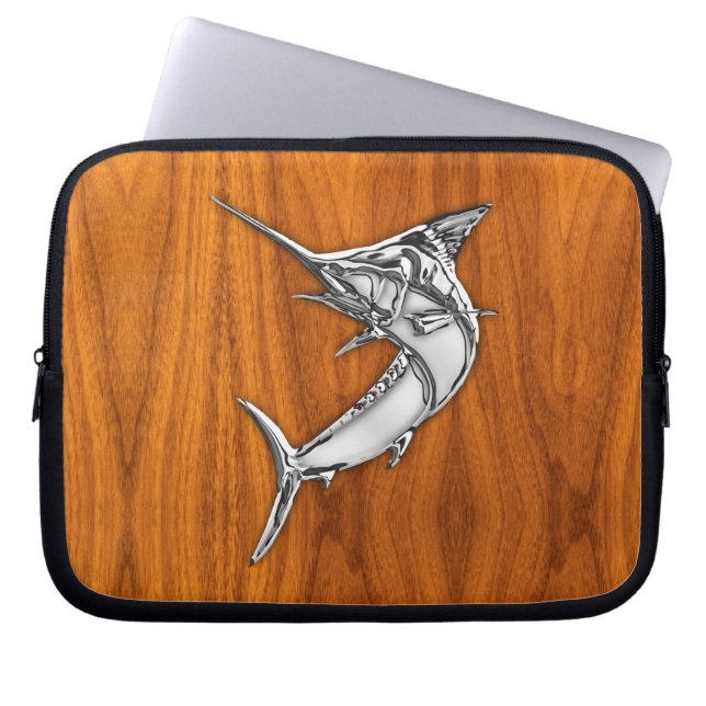 Silver Marlin op Teak Wood Decor Laptop Sleeve (Voorkant)