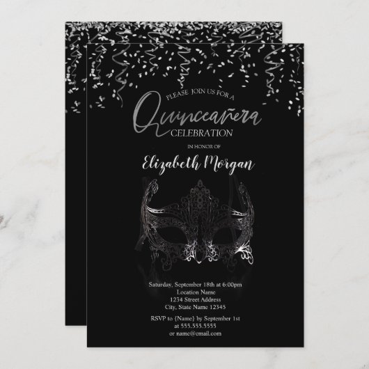 Silver Masque, Confetti Masquerade Quinceañera Kaart (Voorkant / Achterkant)