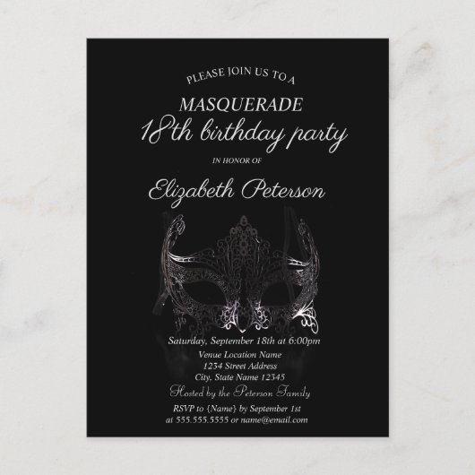 Silver Masque Masquerade 18th Birthday Uitnodiging Briefkaart (Voorkant)