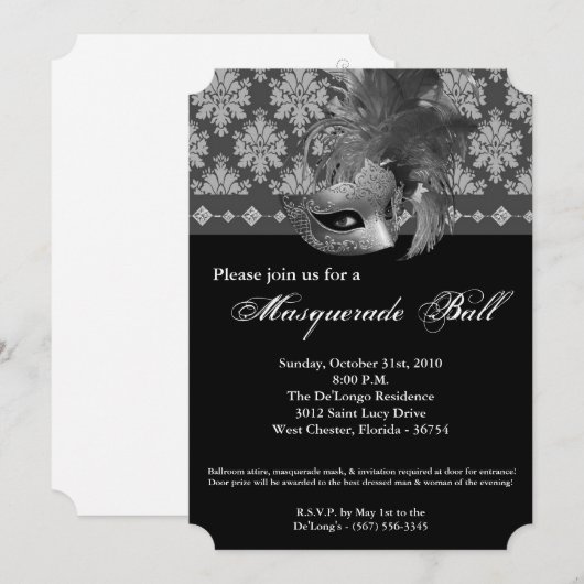 Silver Masquerade Ball Mask Costume Halloween Part Kaart (Voorkant / Achterkant)