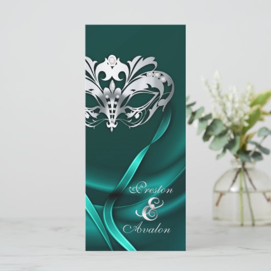Silver Masquerade Blauwgroen juwelen bruiloft prog Programmakaart (Staand voorkant)