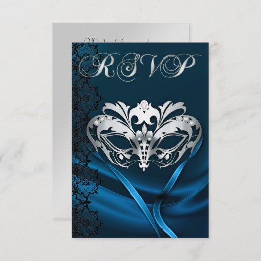 Silver Masquerade Blue Jeweled RSVP Uitnodiging (Voorkant / Achterkant)