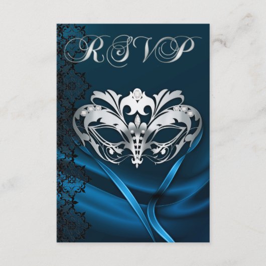 Silver Masquerade Blue Jeweled RSVP Uitnodiging (Voorkant)