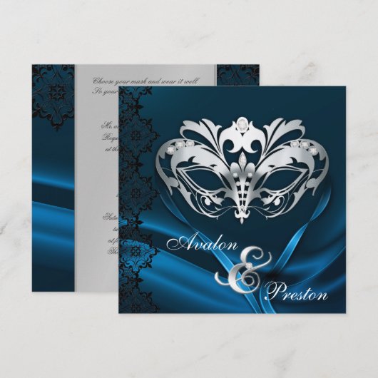 Silver Masquerade Blue Jeweled Wedding Invitation Kaart (Voorkant / Achterkant)