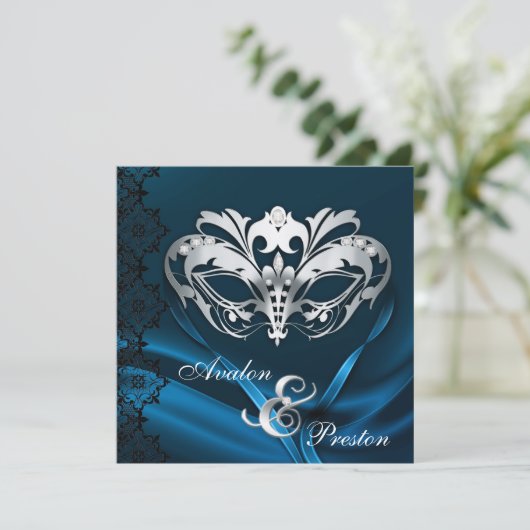 Silver Masquerade Blue Jeweled Wedding Invitation Kaart (Staand voorkant)