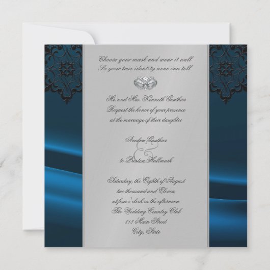 Silver Masquerade Blue Jeweled Wedding Invitation Kaart (Achterkant)