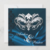 Silver Masquerade Blue Jeweled Wedding Invitation Kaart (Voorkant)