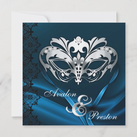 Silver Masquerade Blue Jeweled Wedding Invitation Kaart (Voorkant)