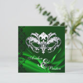 Silver Masquerade Green Jeweled Wedding Invitation Kaart (Staand voorkant)