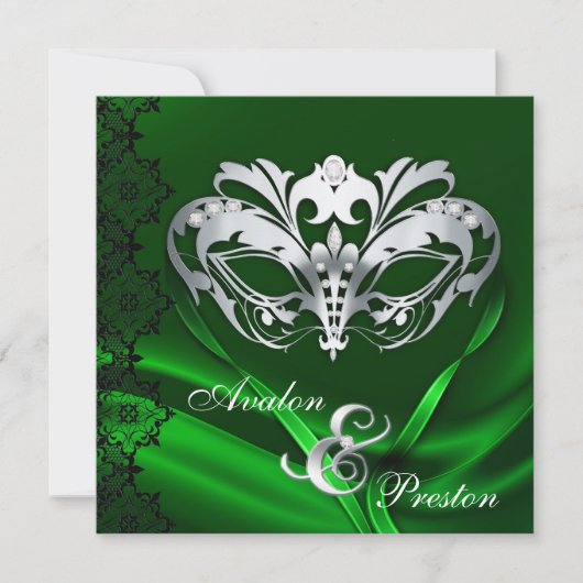 Silver Masquerade Green Jeweled Wedding Invitation Kaart (Voorkant)