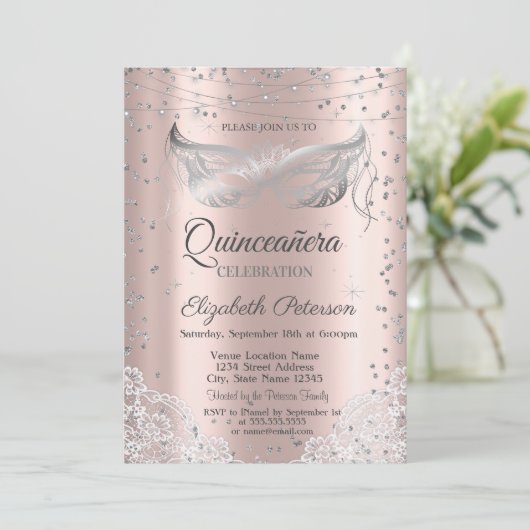 Silver Masquerade, Lace Roos Gold Quinceañera Kaart (Staand voorkant)