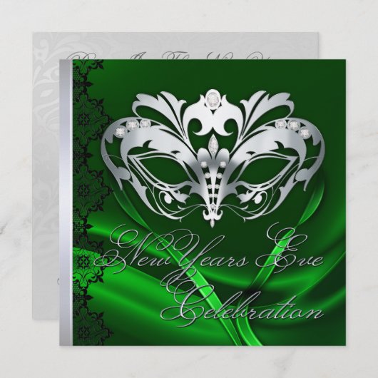 Silver Masquerade Mask Green New Years Uitnodiging (Voorkant / Achterkant)