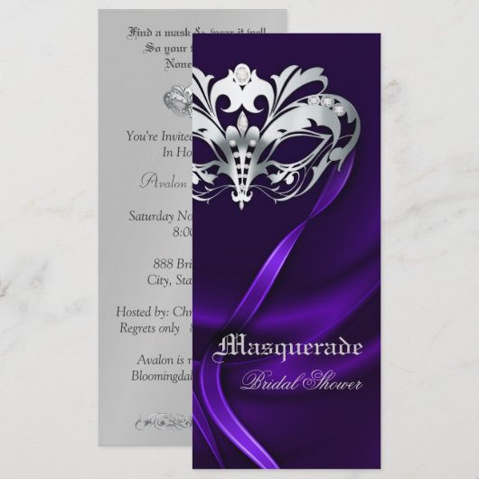 Silver Masquerade Paarse Bridal Shower Uitnodiging (Voorkant / Achterkant)