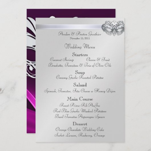 Silver Masquerade Pink Jewel Weddenschap Menu (Voorkant / Achterkant)