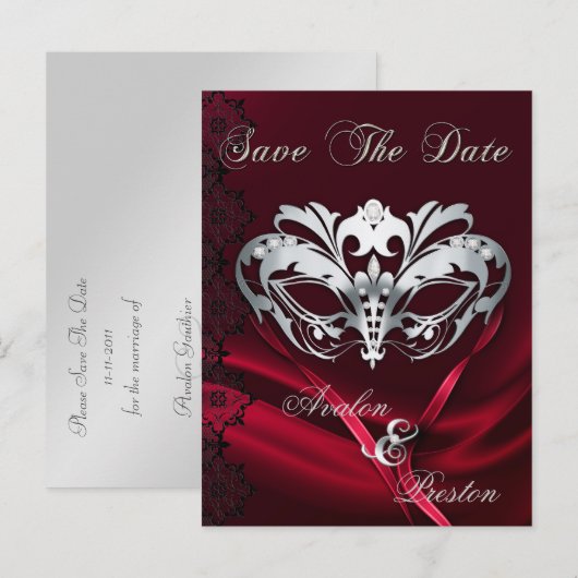 Silver Masquerade Red Jewel Save the Date Briefkaa Aankondigingskaart (Voorkant / Achterkant)