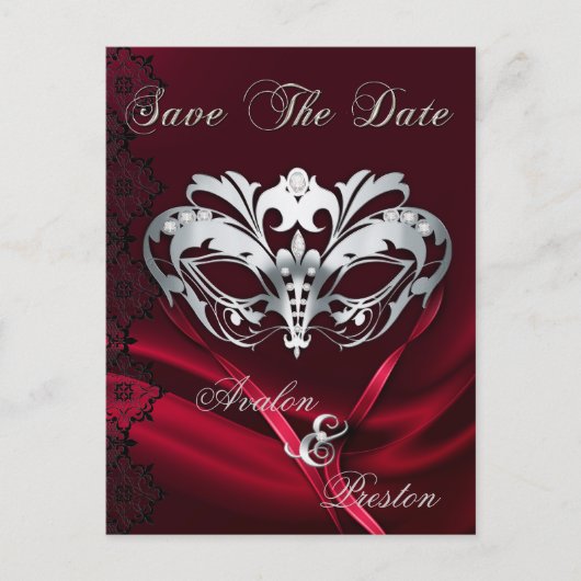 Silver Masquerade Red Jewel Save the Date Briefkaa Aankondigingskaart (Voorkant)