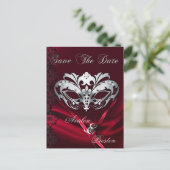 Silver Masquerade Red Jewel Save the Date Briefkaa Aankondigingskaart (Staand voorkant)