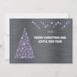 Silver Mauve wish card New Year with tree & bals Feestdagenkaart