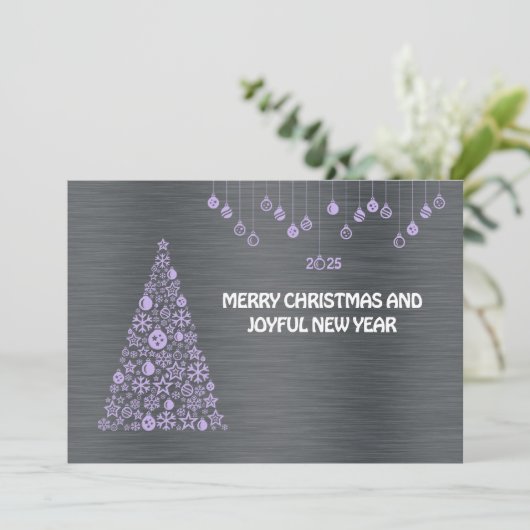 Silver Mauve wish card New Year with tree & bals Feestdagenkaart (Staand voorkant)