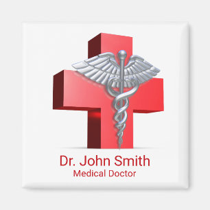 Silver Medical 3D Caduceus Cross Red Magneet