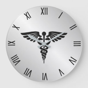 Silver Medical Caduceus w Black Numerals Grote Klok
