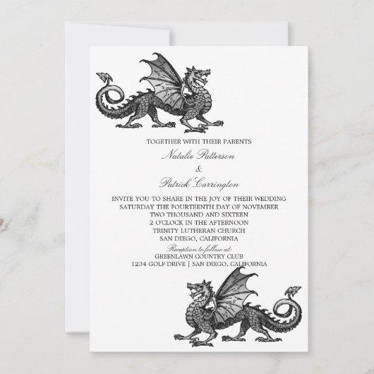 Silver Medieval Dragon Wedding Uitnodigen Kaart (Voorkant)