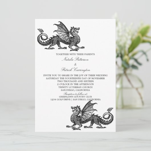 Silver Medieval Dragon Wedding Uitnodigen Kaart (Staand voorkant)