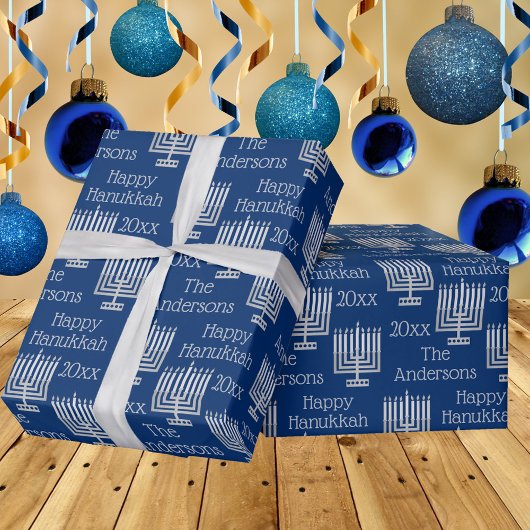 Silver Menorah Blue Chic Hanukkah persoonlijke Cadeaupapier