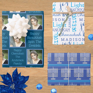 Silver Menorah Typografie Foto Blue Hanukkah Inpakpapier Vel