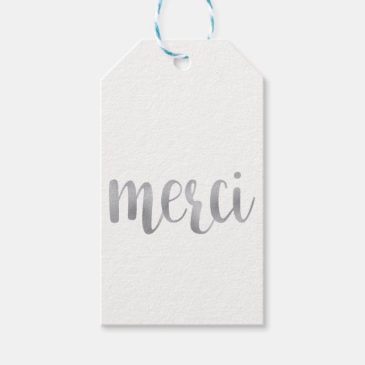 Silver "merci" gunsttags, folie, verticaal cadeaulabel (Voorkant)