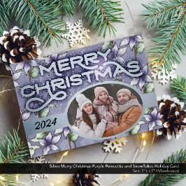 Silver Merry Christmas Paarse Poinsettia Sneeuwvlo Feestdagenkaart