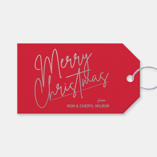 Silver Merry-Labels met rode kerstcadeaus Cadeaulabel (Voorkant (Horizontaal))