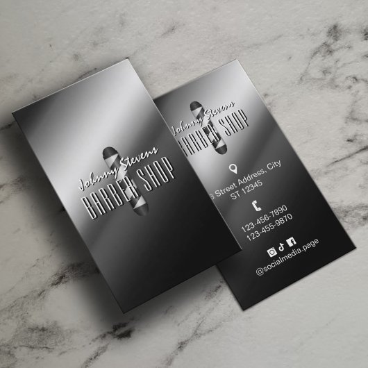 Silver metal barber pole barbershop visitekaartje