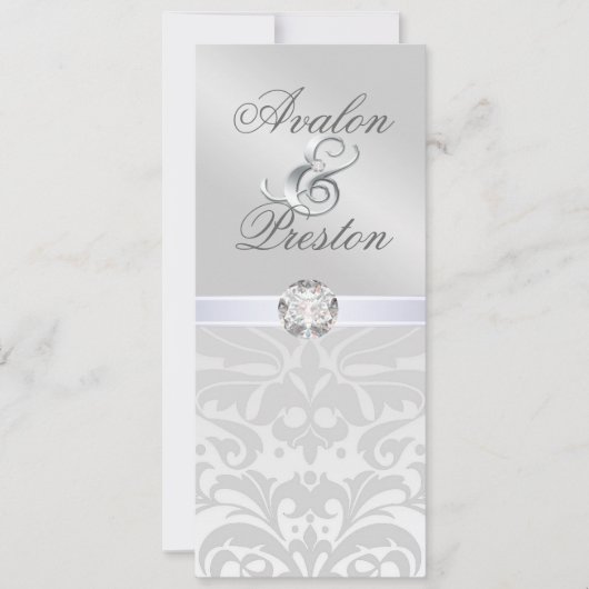 Silver Metal Diamond Damask Wedding Invitation Kaart (Voorkant)