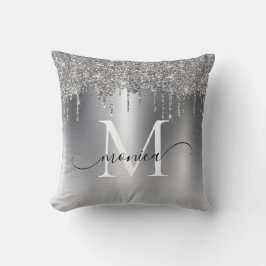 Silver Metal Glitter Drift Monogram Naam Kussen