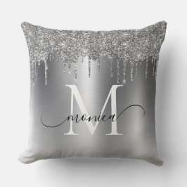 Silver Metal Glitter Drift Monogram Naam Kussen