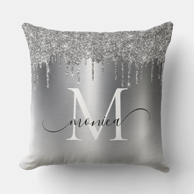 Silver Metal Glitter Drift Monogram Naam Kussen (Voorkant)