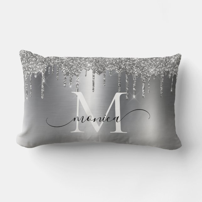 Silver Metal Glitter Drift Monogram Naam Kussen (Voorkant)