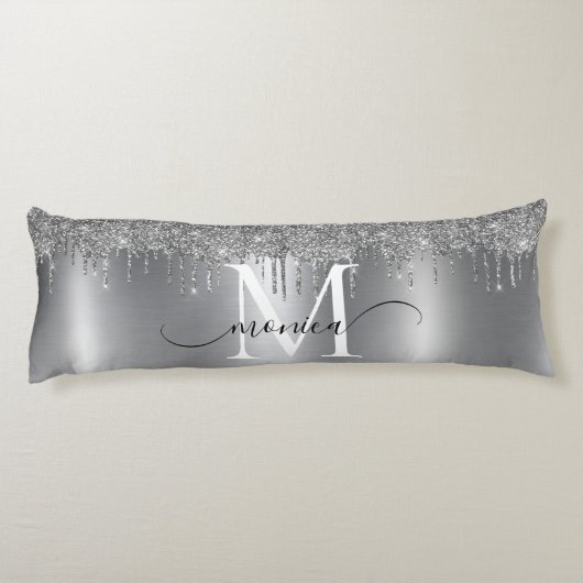 Silver Metal Glitter Drift Monogram Naam Lichaamskussen (Achterkant)