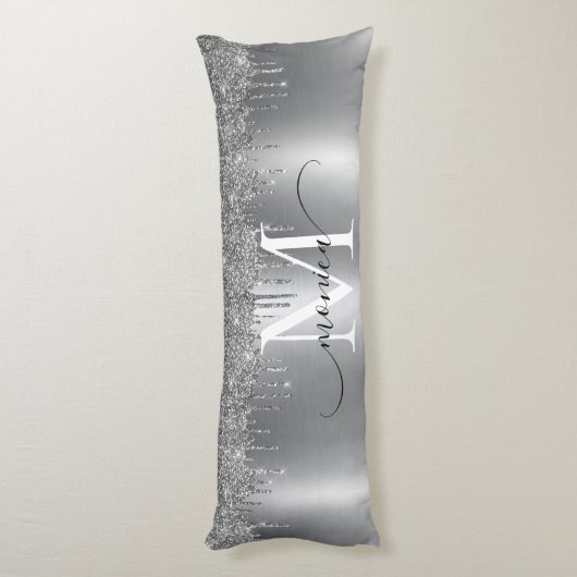 Silver Metal Glitter Drift Monogram Naam Lichaamskussen (Achterkant (Verticaal))