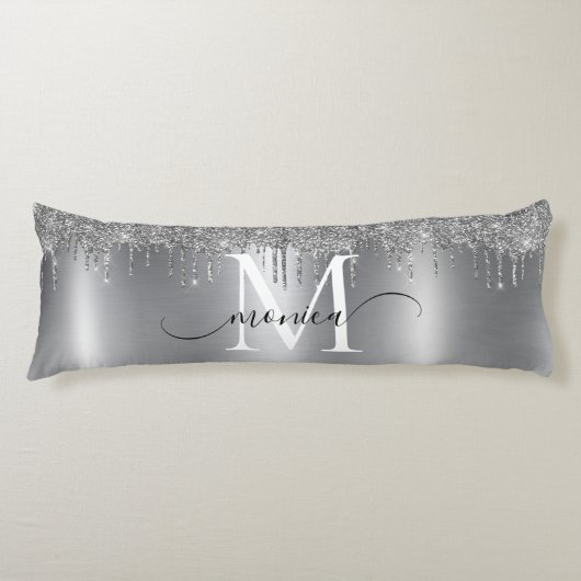 Silver Metal Glitter Drift Monogram Naam Lichaamskussen (Voorkant)